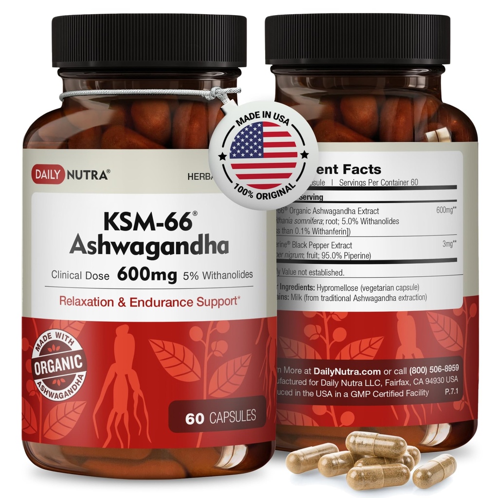 DailyNutra KSM-66 Ashwagandha 600mg Βιολογικό εκχύλισμα ρίζας - Συμπλήρωμα υψηλής ισχύος με 5% Withanolides 