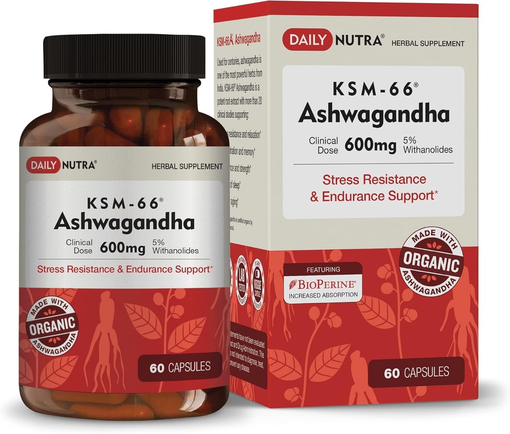 DailyNutra KSM-66 Ashwagandha 600mg Βιολογικό εκχύλισμα ρίζας - Συμπλήρωμα υψηλής ισχύος με 5% Withanolides 