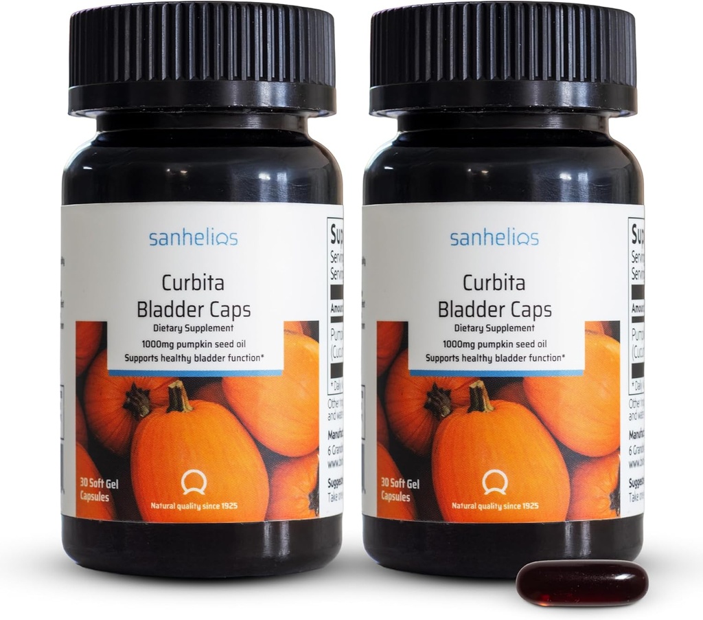 Sanhelios Curbita Caps Bladder Pumpkin Seed Oil 1,000mg - Healthy Bladder Function Supplement for Men & Women - Μη ΓΤΟ, Χωρίς ζάχαρη, Συντηρητικό-ελεύθερο, Χωρίς γλουτένη - 60 κάψουλες - 2 συσκευασίες