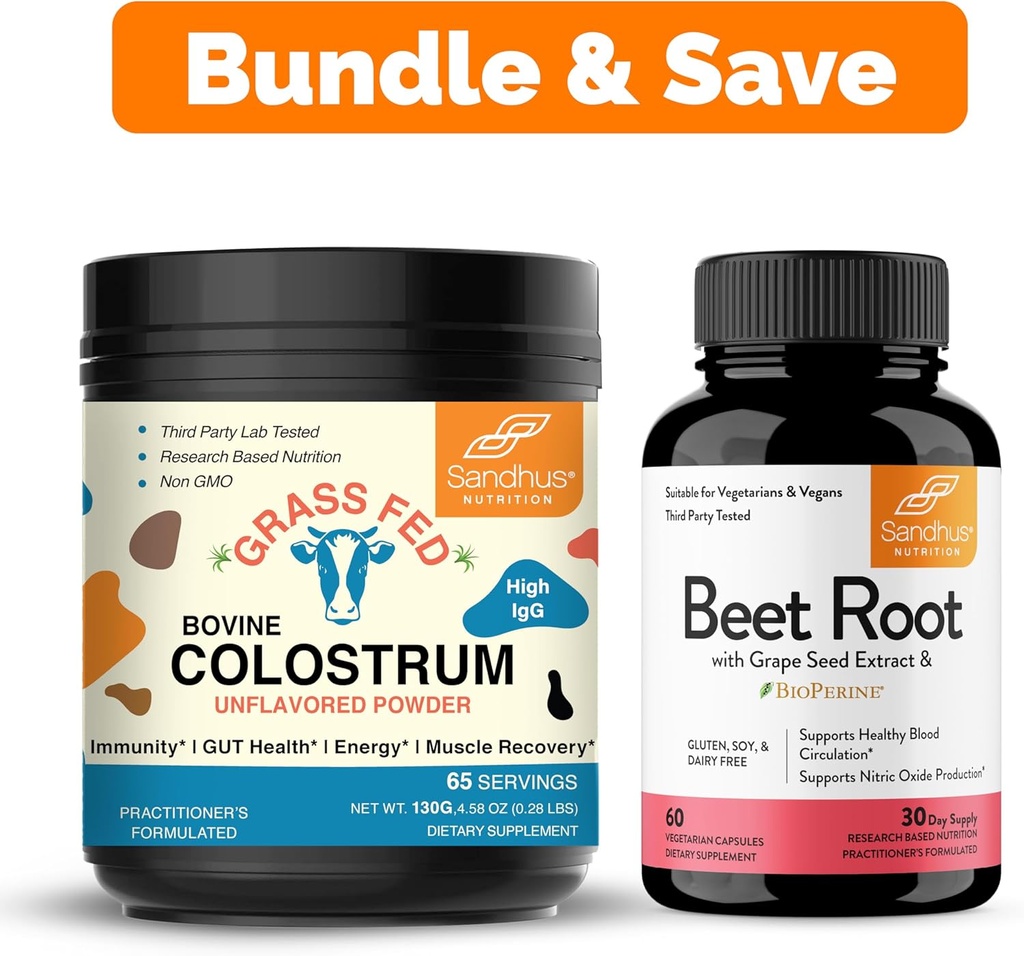 Sandhu's Pure Bovine Colostrum Powder Supplement for Humans & Beet Root Powder with Bioperine Caps