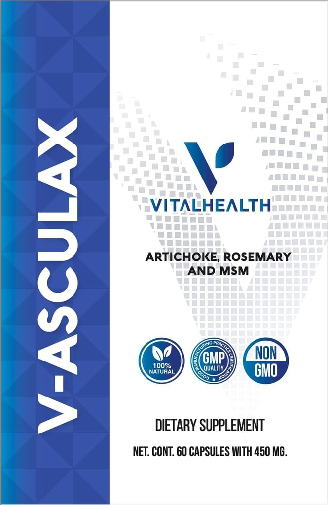 Vital Health V-Asculax Circulation Support – Heart Health, Blood Flow, Fluid Retention & Arterial Circulation – Φυσική φυτική φόρμουλα με φουντουκιά μάγισσα, Rue, Artichoke, Rosemary, MSM & Horsetail
