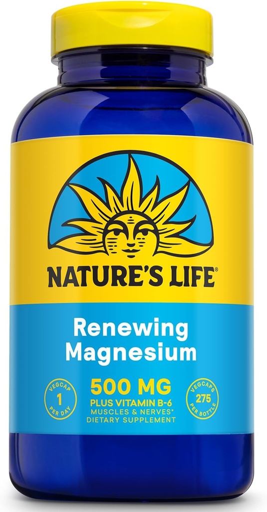 Nature’s Life Renewing Magnesium 500 mg - Μαγνήσιο Κιτρικό, Μη Μαγνήσιο, Οξείδιο Μαγνήσιου Συν Βιταμίνη Β-6 - Μύες και Νεύρα Υποστήριξη - Εργαστήριο Επαληθευμένο - 275 Μερίδες, 275 VegCaps
