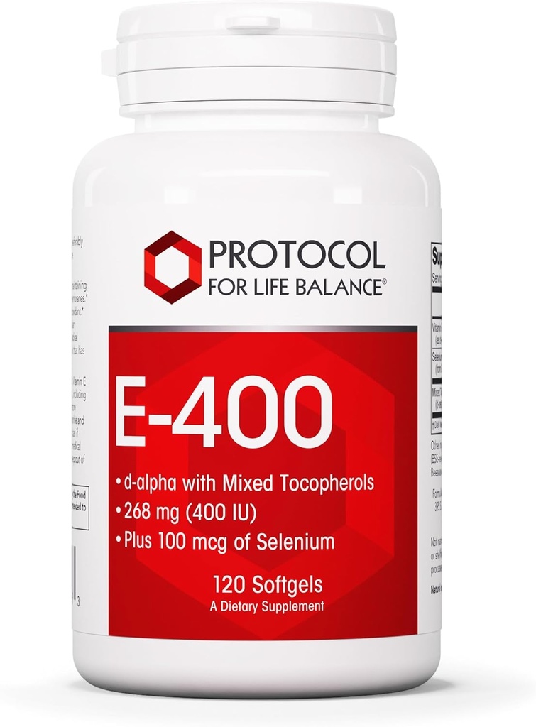 Πρωτόκολλο E-400 268 (400 IU) - Βιταμίνη E Softgels - Συμπλήρωμα αντιοξειδωτικών με Σελήνιο - d-Alpha με Μικτές Τοκοφερόλες - Γαλακτοκομικά Χωρίς & Χαλάλ - 120 Softgels