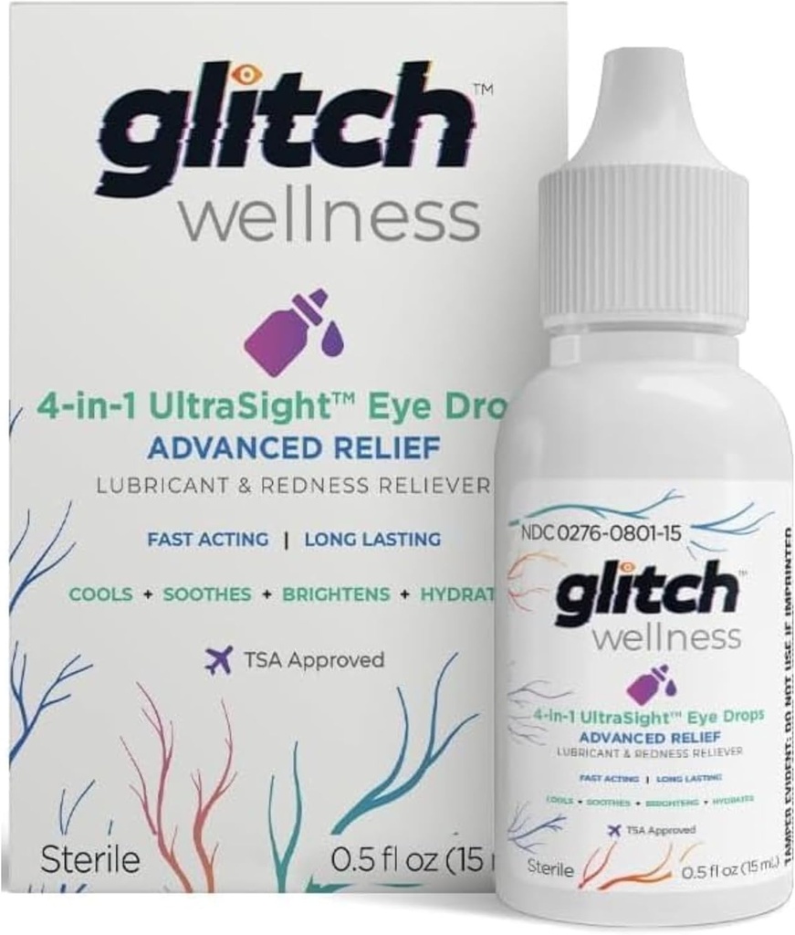Glitch UltraSight Eye Drops for Dry Eyes 15mL - 4 in 1 Advanced Relief Dry Eye Drops - All Day Comfort with Hydration, Brightening, Cooling - Reectively Soothes Irritation & Dryness - 0.5 Fl Oz