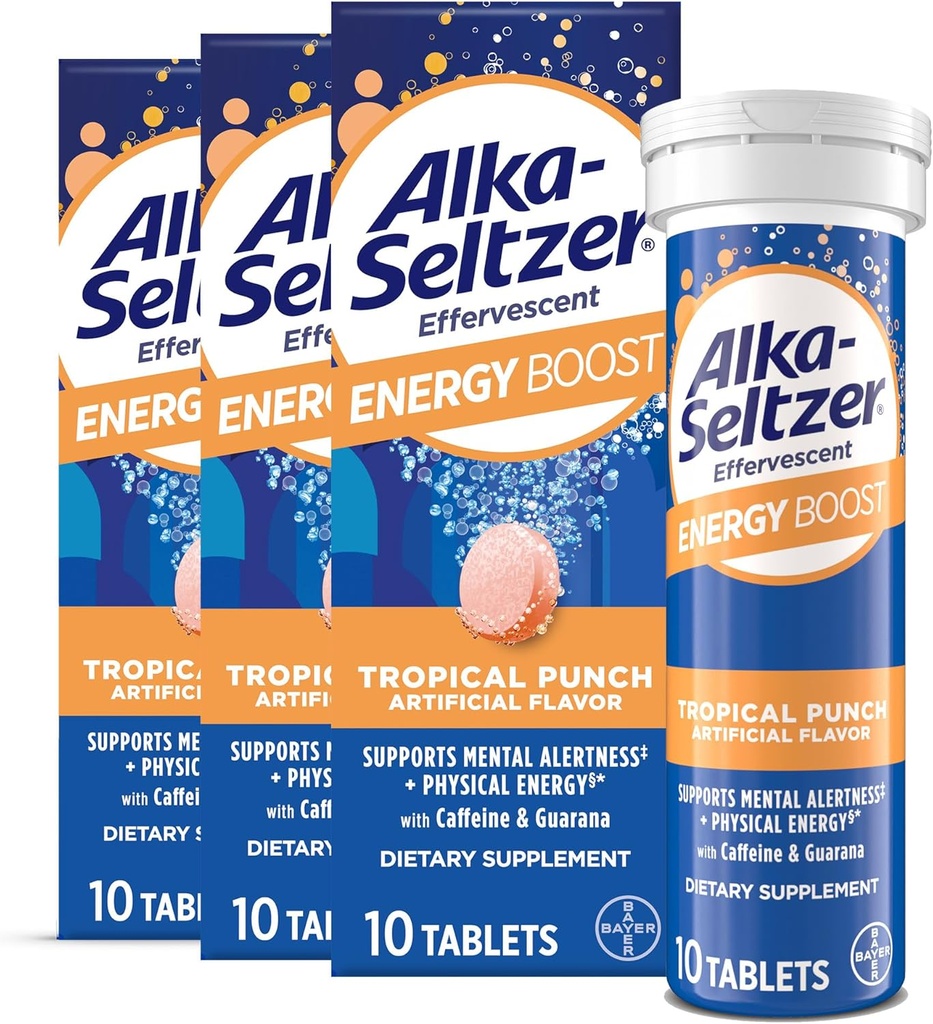 Alka-Seltzer Energy Boost: Καφεΐνη & Guarana, Βιταμίνες Β, Υποστηρίζει ψυχική εγρήγορση και φυσική ενέργεια, ημερήσιο συμπλήρωμα ενέργειας, Fizzy δισκία, χωρίς ζάχαρη, ελαφρύ τροπικό άρωμα παντς, 30ct