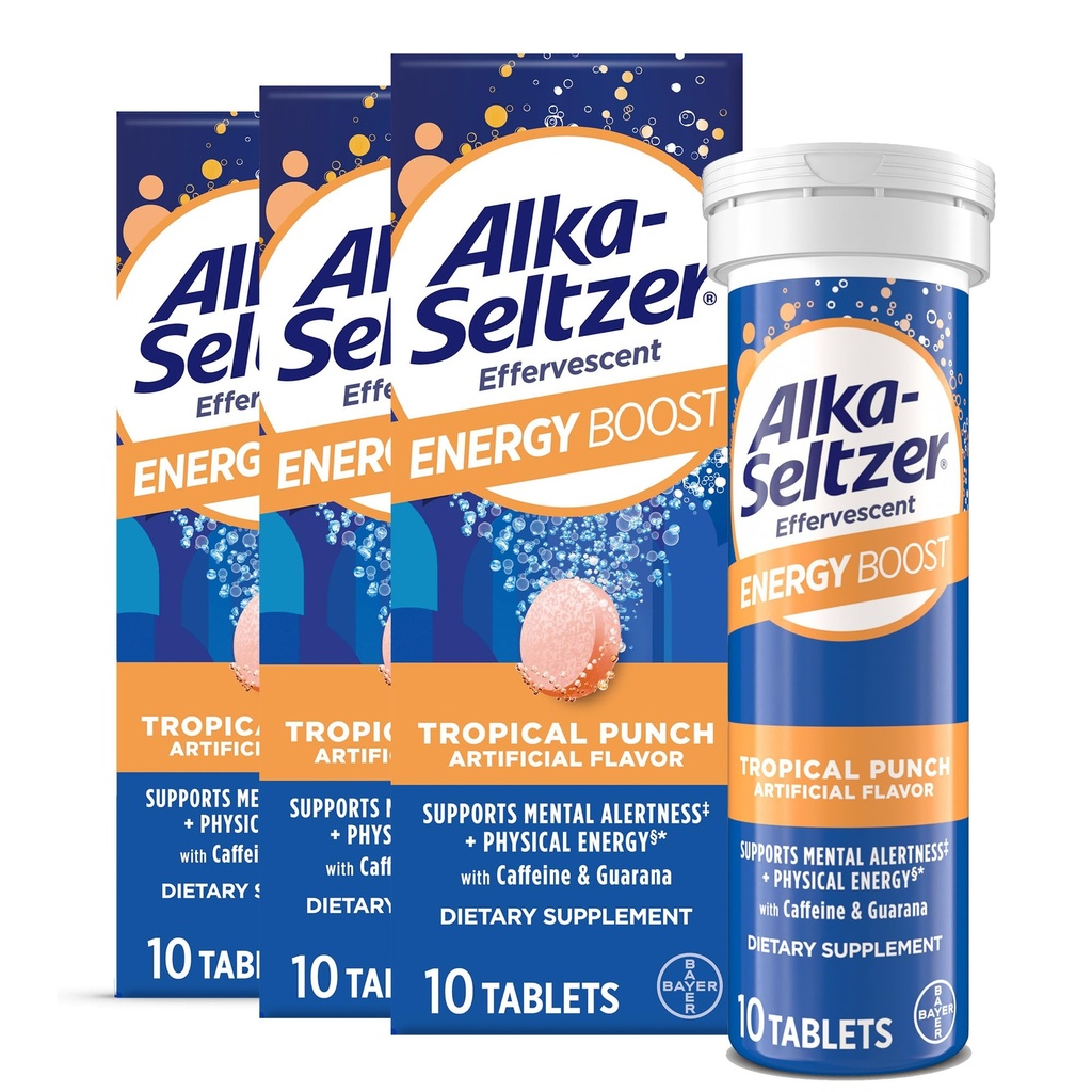 Alka-Seltzer Energy Boost: Caffeine & Guarana, B Vitamins, Supports Mental Alertness and Physical Energy, Daily Energy Supplement, Fizzy Tablets, Sugar-Free, Light Tropical Punch Flavor, 30ct