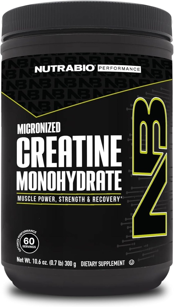 NutraBio Pure Micronized Creatine Monohydrate Powder Supplement, Unlavored, (300 g) - Υποστηρίζει Μαζική μυϊκή ενέργεια, ανάκτηση, και δύναμη - HPLC Tested Creatine Powder Supplement για άνδρες και γυναίκες