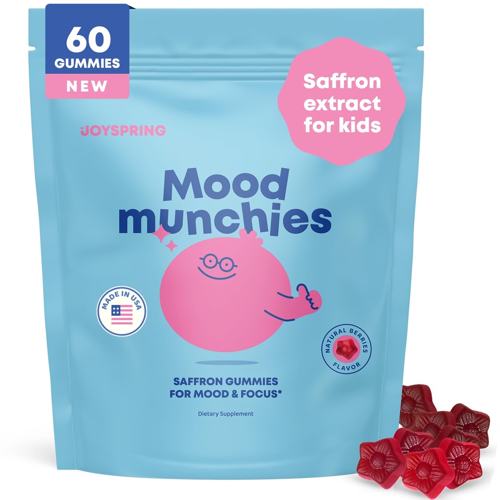 JoySpring Mood Munchies Saffron Gummies for Kids 4+ | Saffron Extract Supplement with GABA, Passion Flower & St Johns Wort | Sugar Free Vegan Brain Support & Kids Focus Gummies | Crafted in USA