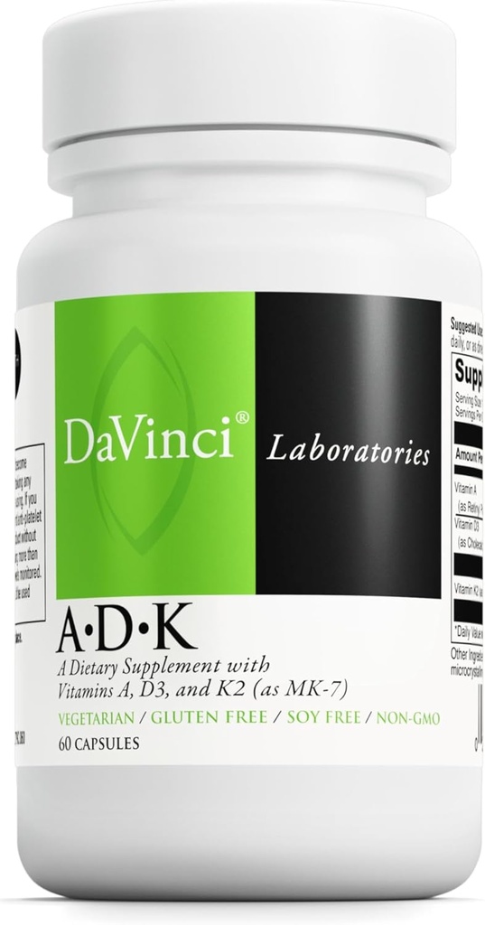 DAVINCI Labs ADK - Βοηθά στην υποστήριξη της υγείας των οστών, της καρδιάς και του ανοσοποιητικού - Συμπλήρωμα διατροφής με βιταμίνες Α, D3 & K2 (ως MK-7) - Χορτοφαγικά, Χωρίς γλουτένη & Χωρίς σόγια - 60 κάψουλες