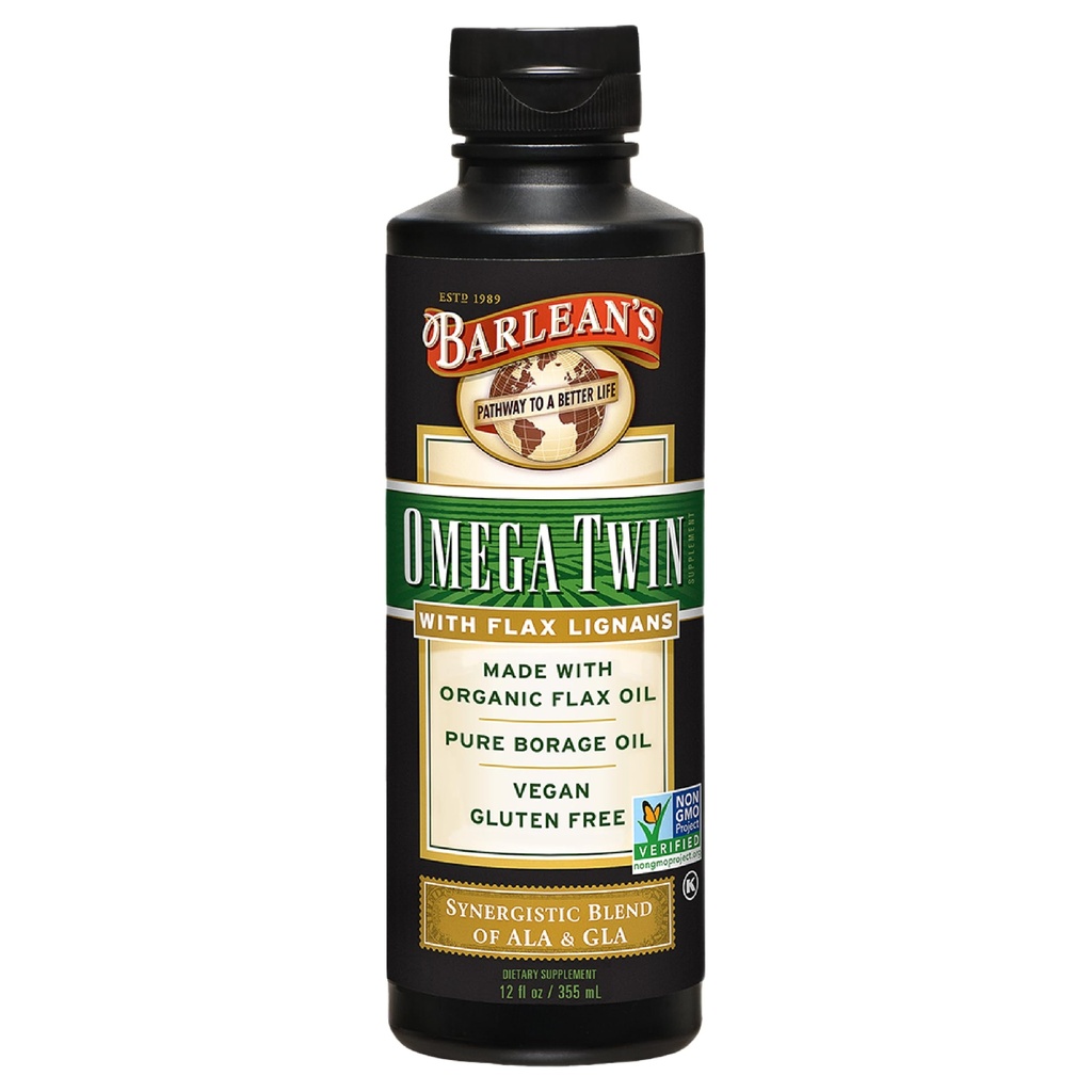 Omega Twin Liquid Flaxseed Oil της Barlean και Pure Borage Oil Συμπλήρωμα με Lignans, 6,010mg ALA και 465mg GLA Ωμέγα Λιπαρά Οξέα από οργανικούς σπόρους flax και κρύους σπόρους βόρακα, 12 oz