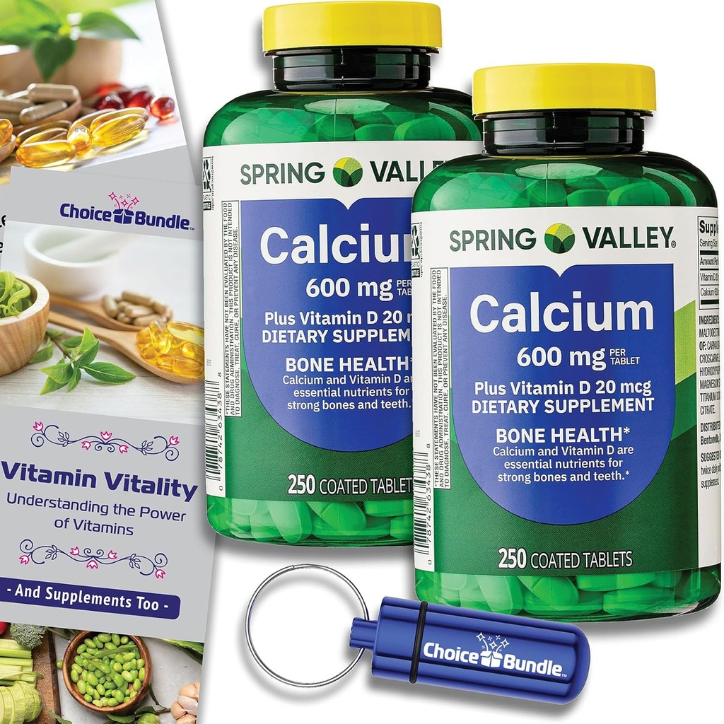 Choice Bundle Spring Valley Calcium Plus Vitamin D Tablets 600 mg 250 Ct 2 pk (500 Σύνολο) + “Vitamin Vitality” Guide & Pill Container (4 Προϊόντα)!