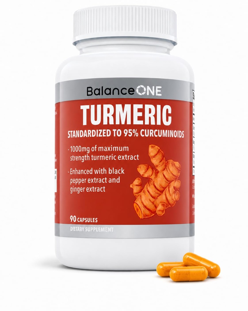Ισορροπία ONE Turmeric Extract 1000mg με μέγιστη δύναμη 95% Κουρκουμινοειδή - Turmeric Curcumin Supplement for Joint Comfort & Antioxidant Support - εκχύλισμα τζίντζερ και BioPerine - 1 Μήνα προσφοράς