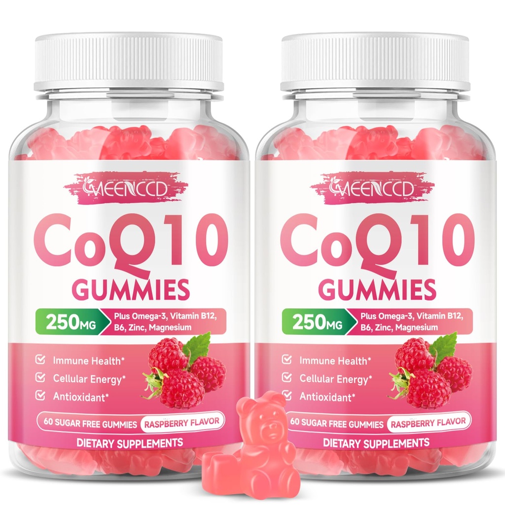 Sugar-Free CoQ10 Gummies 250mg, Coenzyme Q10 Supplements Plus Omega-3, Vitamin B6 & Zinc, CoQ10 Supplement for Cellular Energy & Antioxidant Support, Raspberry Flavor, Vegan 120Cts