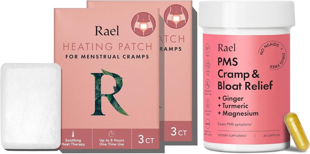 Rael Bundle - PMS Supplement for Women (28 Capsules) & Herbal Heating Patches (Small, 8 Count)