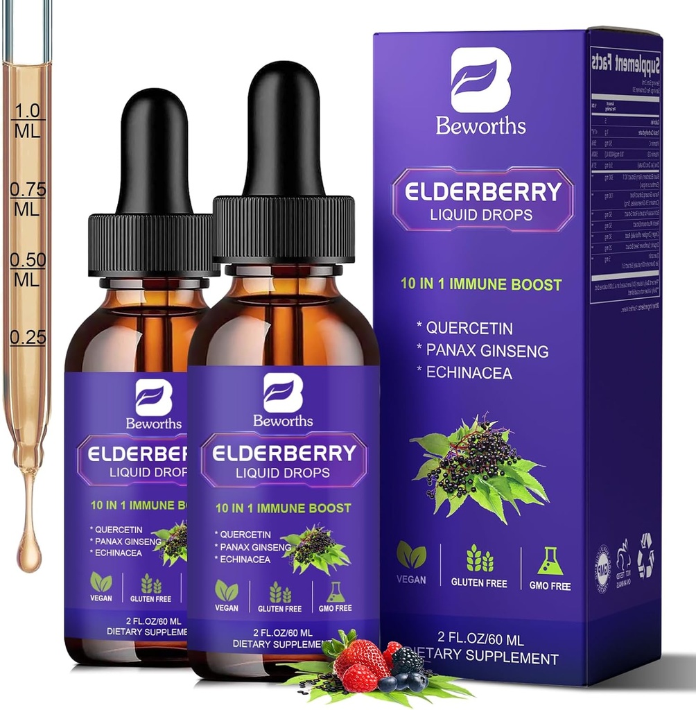 2 Pack Elderberry Syrup, Black Elderberry Drops with Quercetin, Panax Ginseng, Vitamin C and Zinc, Sambucus Elderberry Syrup Liquid for Immune Support, Vegan, Non-GMO & Gluten Free