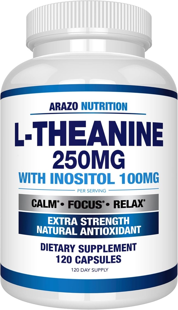 Arazo Nutrition L-Theanine 250mg (Extra Strength) with Inositol 100mg, 120 Capsules Vegetarian