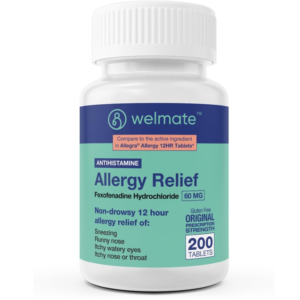 WELMATE - Αλλεργία Ανακούφιση - Fexofenadine HCl 60 mg - 12 Hour Μη- Νυσταλγικό Αντιισταμινικό - Φτάρνισμα - Runny Μύτη - Ίτσι Μάτια, Μύτη & Λαρύγγι - Αλλεργία Δισκία Ανακούφισης - 200 Μέτρα