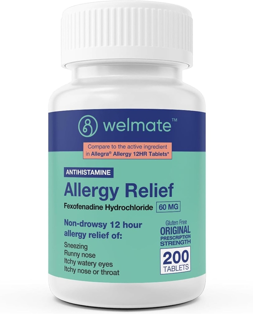 WELMATE - Αλλεργία Ανακούφιση - Fexofenadine HCl 60 mg - 12 Hour Μη- Νυσταλγικό Αντιισταμινικό - Φτάρνισμα - Runny Μύτη - Ίτσι Μάτια, Μύτη & Λαρύγγι - Αλλεργία Δισκία Ανακούφισης - 200 Μέτρα