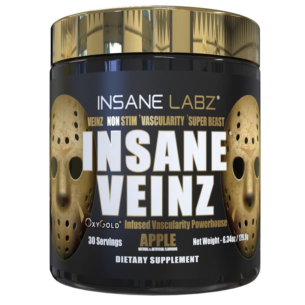 Insane Labz Insane Veinz Gold, Nitric Oxide μη διεγερτική πριν από την προπόνηση σκόνη, φορτωμένο με Hydromax, Nitrosigine, Αυξάνει την αγγειότητα και τη ροή του αίματος, 30 Srvgs, Apple