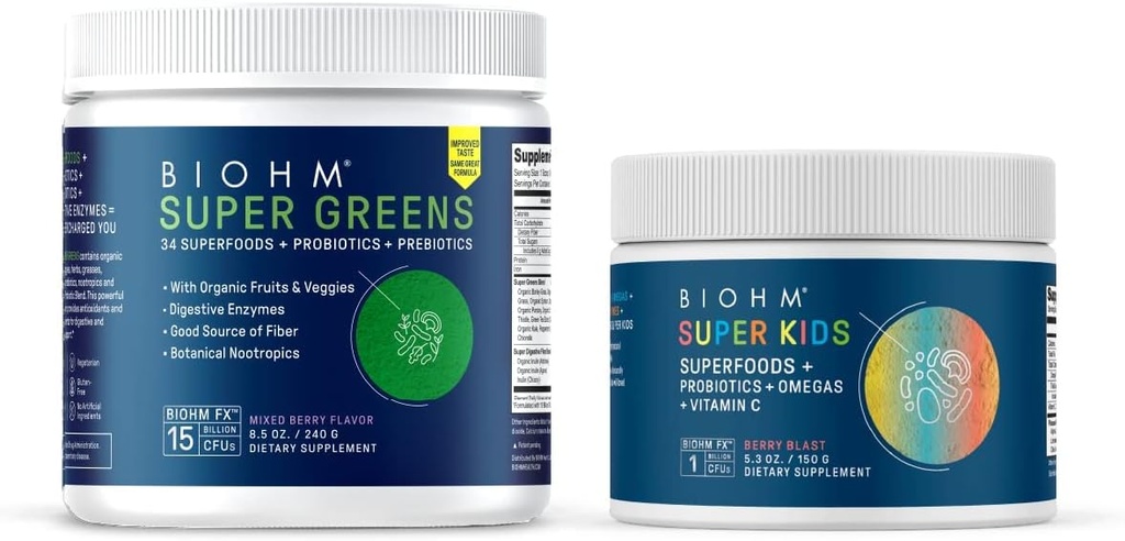 BIOHM Super Greens and Super Kids Bundle, Green Superfood Powder Antioxidant Veggies with Kids Superfood Plus Probiotics, Berry Flavor, 30 Servings Each