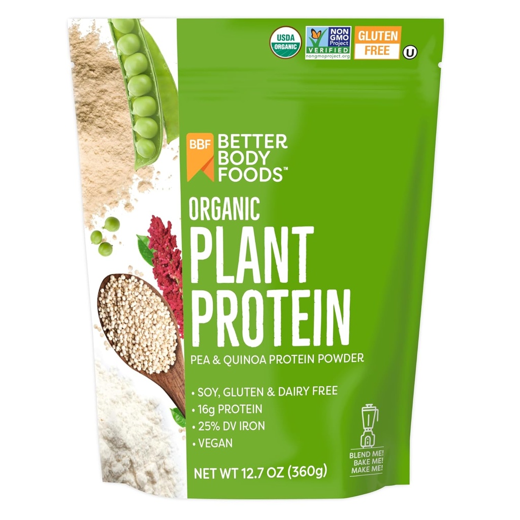 BetterBody Foods Βιολογική σκόνη πρωτεΐνης με βάση φυτά, 16g πρωτεΐνης 24% DV, Vegan, χαμηλής καθαρής υδατανθράκων, χωρίς γλουτένη, χωρίς γαλακτοκομικά, χωρίς προσθήκη ζάχαρης, χωρίς σόγια, μη GMO, 12.7 ουγγιά