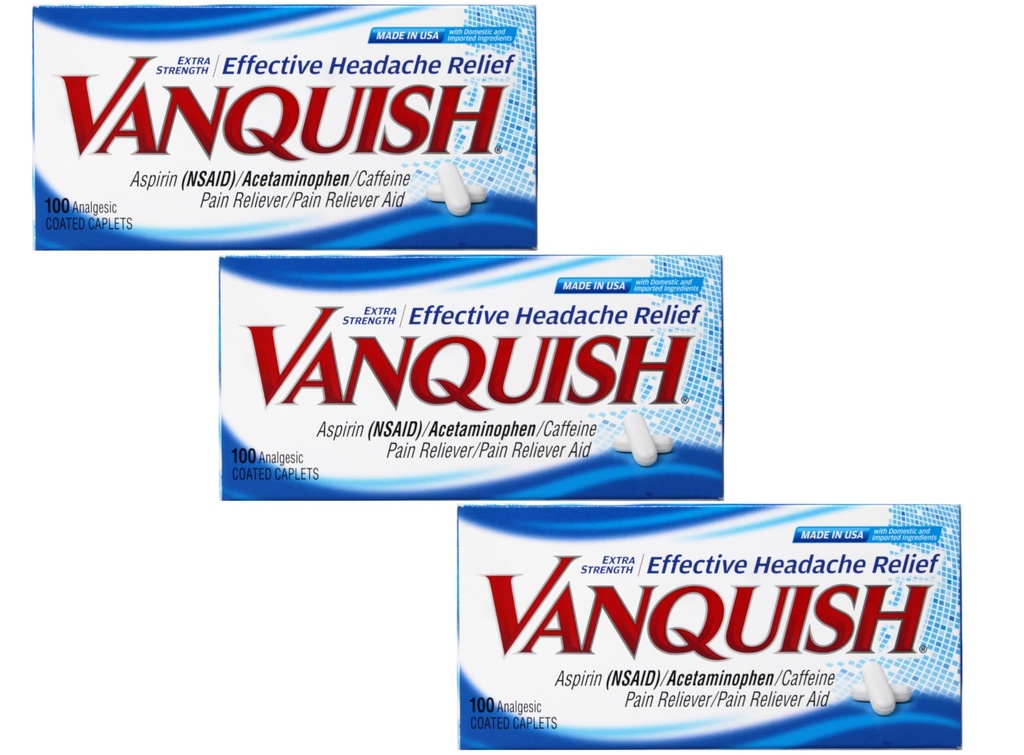Vanquish Αποτελεσματική ανακούφιση από τον πονοκέφαλο – Ασπιρίνη (NSAID), Ακεταμινοφαίνη, καφεΐνη, 100 Αναλγητικά Καλύμματα - 3 Pack