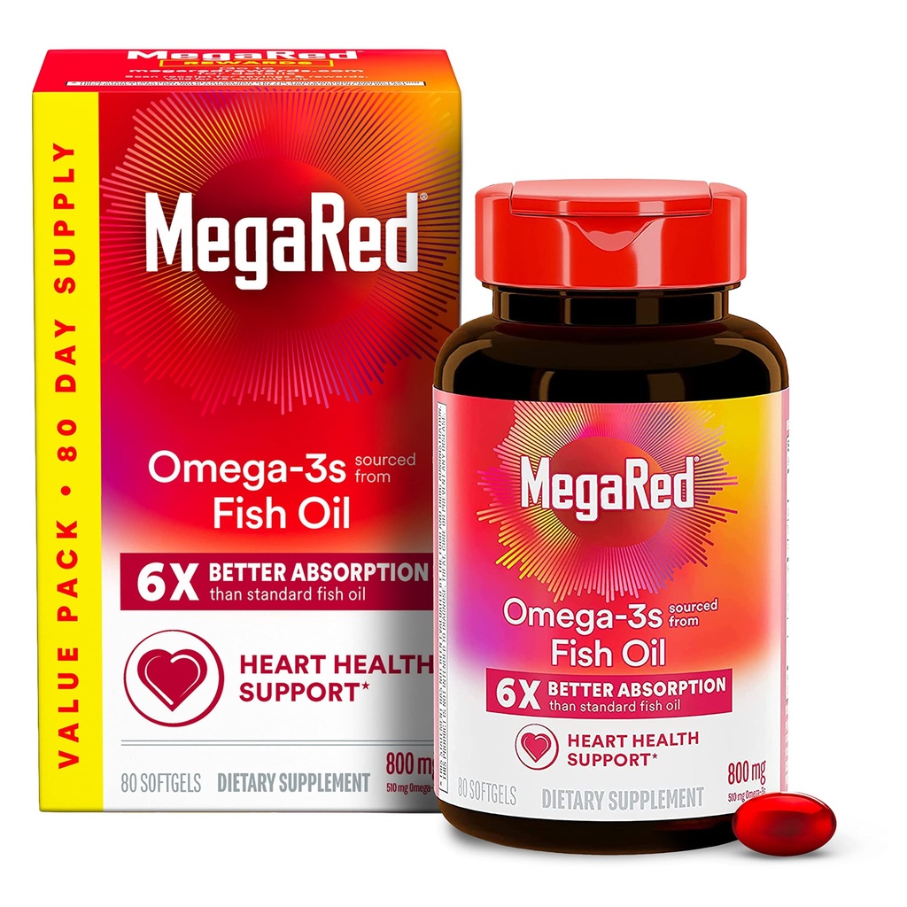 MegaRed Advanced 6X Absorption 800mg Omega-3s Fish Oil with EPA/DHA, No Fishy Aftertaste Supports Heart, Brain, Joint and Eye Health, 80 Count Softgels