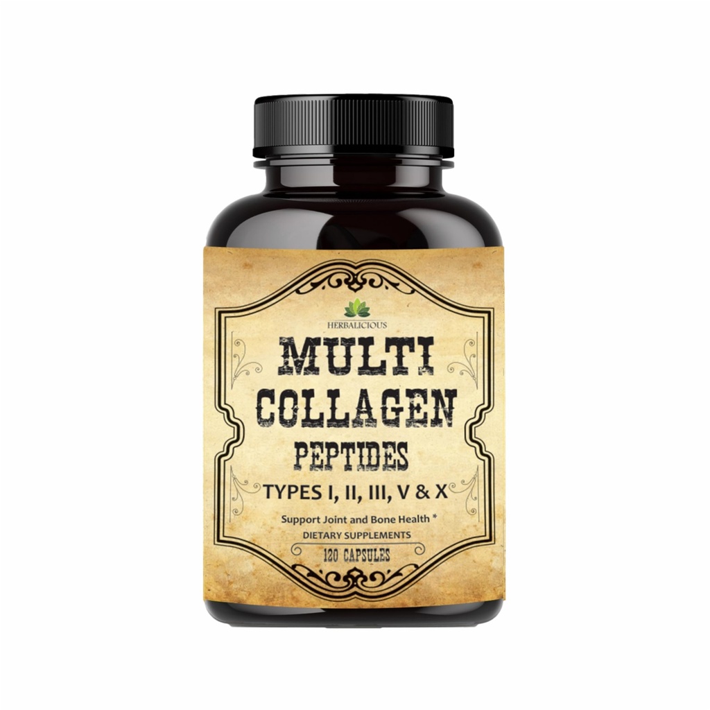 HERBALICIOUS Multi Collagen Peptides Κάψουλες - Μη ΓΤΟ & Χωρίς γλουτένη τύπου I, II, III, V, X Hydrolyzed Collagen Συμπληρώματα με βιταμίνη C - Υποστηρίζει υγιή μαλλιά, δέρμα, νύχια, & αρθρώσεις - 120 κάψουλες