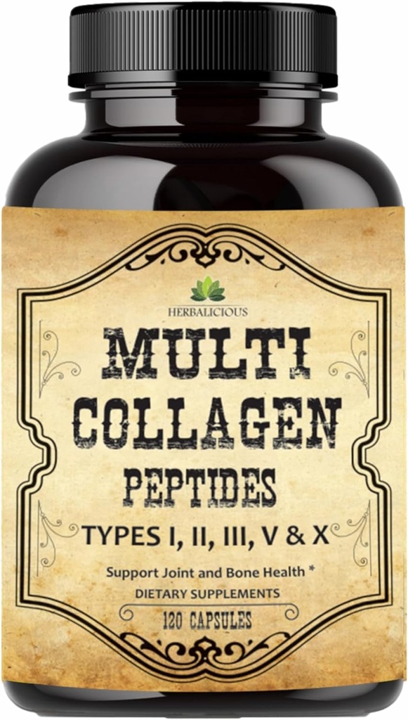 HERBALICIOUS Multi Collagen Peptides Κάψουλες - Μη ΓΤΟ & Χωρίς γλουτένη τύπου I, II, III, V, X Hydrolyzed Collagen Συμπληρώματα με βιταμίνη C - Υποστηρίζει υγιή μαλλιά, δέρμα, νύχια, & αρθρώσεις - 120 κάψουλες