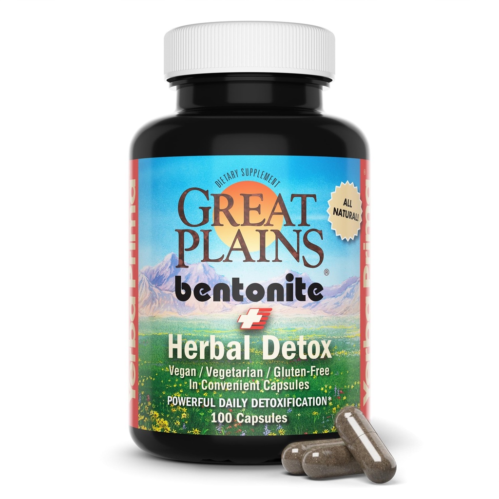 Yerba Prima Bentonite Clay Plus Herbal Detox, 100 Veg Capsules - Food Grade Clay from the Great Plains, USA - Colon & Liver Cleanse Supplement with Calcium Clay