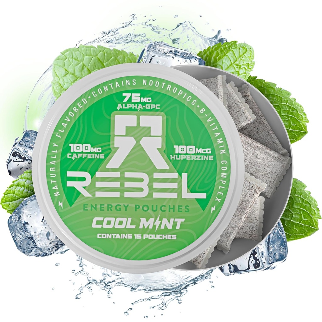 Nootropic Energy Caffeine Pouches • 100mg Caffeine • Alpha GPC • Huperzine A & Essential Vitamins • Sugar-Free • Coconut Fiber Technology • Cool Mint Flavor • 15 Pouches Per Can (Pack of 1)