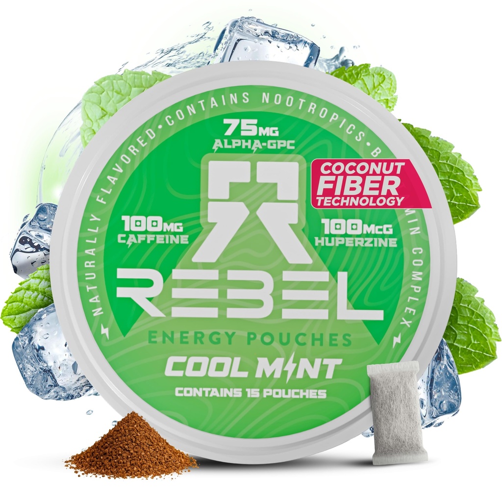 Rebel Nootropic Energy Caffeine Pouches (Cool Mint) • 100mg Caffeine • Alpha GPC • Huperzine A & Essential Vitamins • Sugar-Free • Coconut Fiber Technology • 15 Pouches Per Can (Pack of 1)