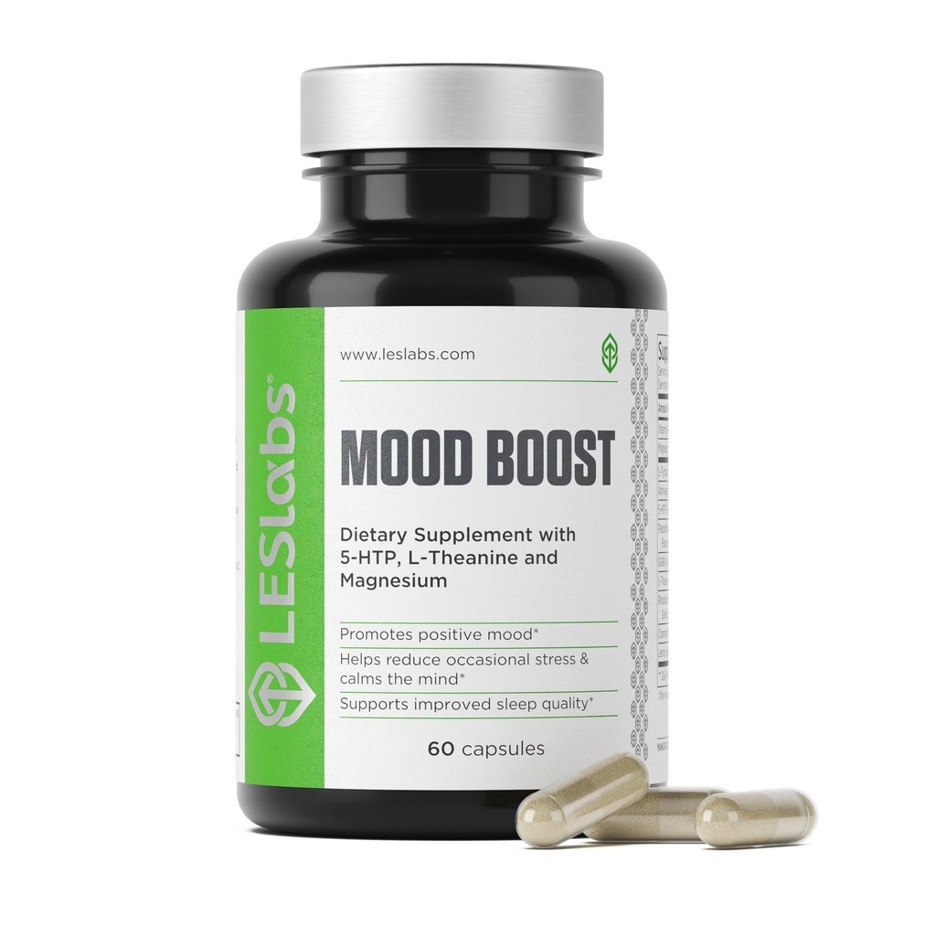 LES Labs Mood Boost – Άγχος ανακούφιση, υποστήριξη διάθεσης, βαθιά χαλάρωση & καλύτερος ύπνος – 5-HTP, Ashwagandha, Rhodiola Rosea, μαγνήσιο, L-Θεανίνη & GABA – Συμπλήρωμα μη ΓΤΟ – 60 κάψουλες