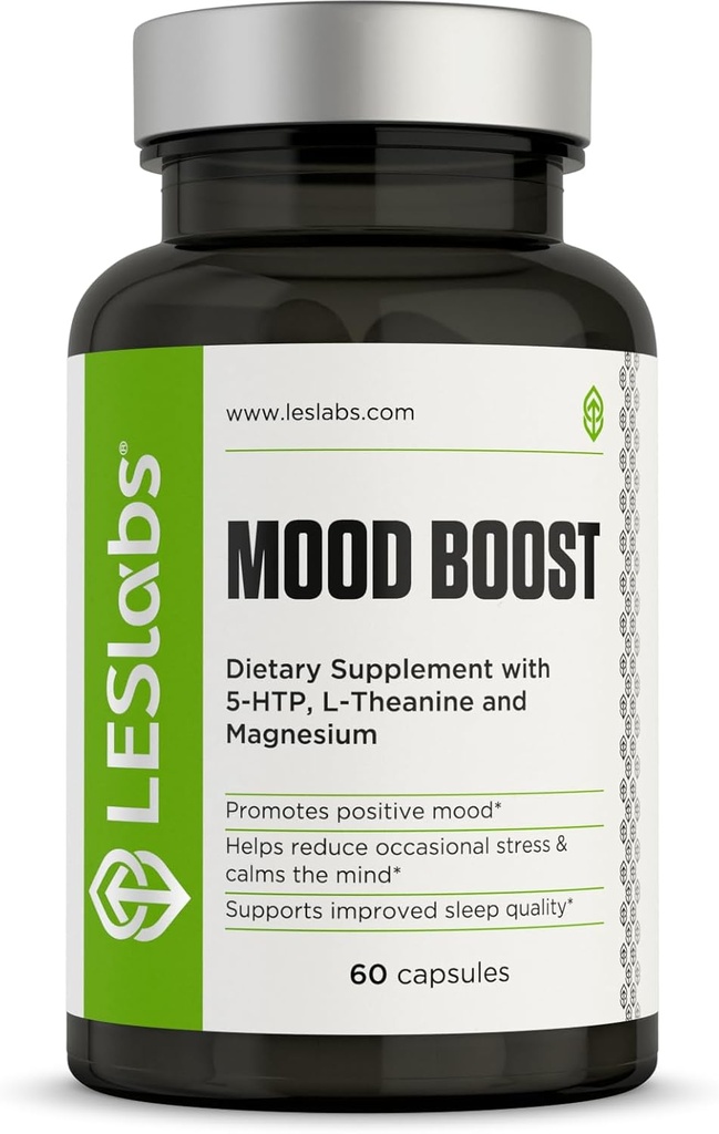 LES Labs Mood Boost – Άγχος ανακούφιση, υποστήριξη διάθεσης, βαθιά χαλάρωση & καλύτερος ύπνος – 5-HTP, Ashwagandha, Rhodiola Rosea, μαγνήσιο, L-Θεανίνη & GABA – Συμπλήρωμα μη ΓΤΟ – 60 κάψουλες