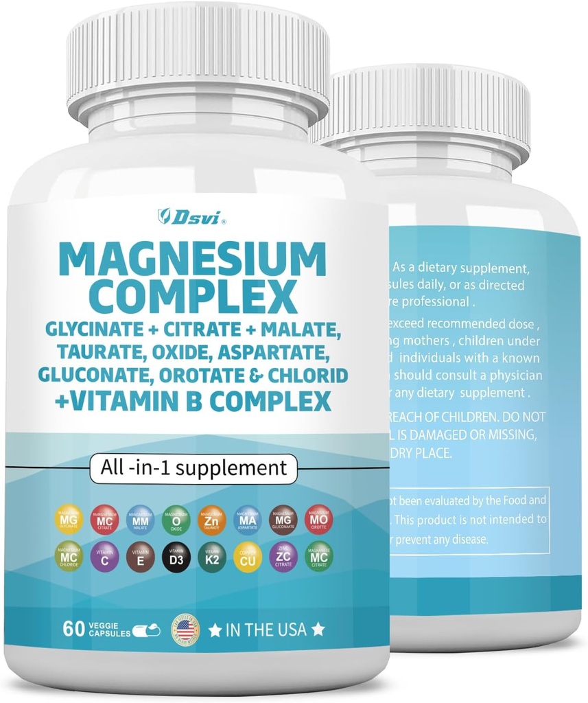 60 Count Magnesium Complex 2285mg with Magnesium Glycinate Citrate Oxate Oxate Taurate Aspartate Gluconate Orotate & Mag Chloride, ψευδάργυρος Manganese χαλκού & βιταμίνη C B1 B2 B6 B12 Complex USA
