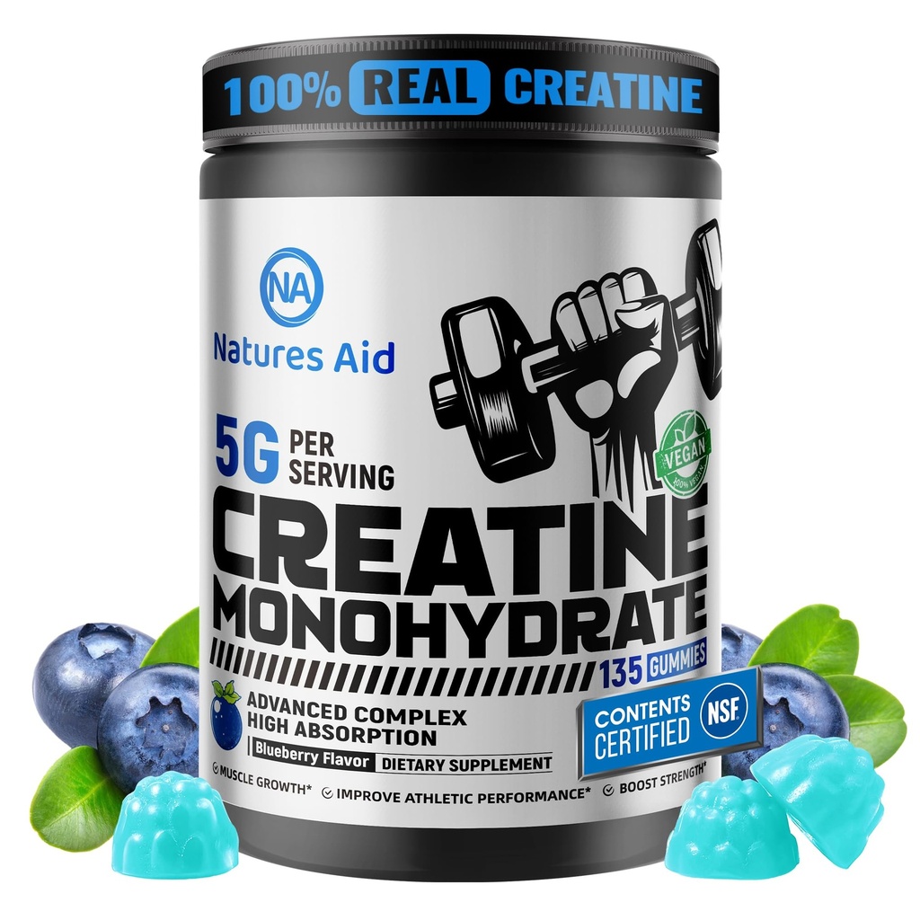 Natures Aid NSF Certified Creatine Gummy 5g - Creatine Monohydrate Gummies – Pre-Workout Energy & Muscle Growth Support for Men & Women | Blueberry Electrolyte Gummies (135 Count)