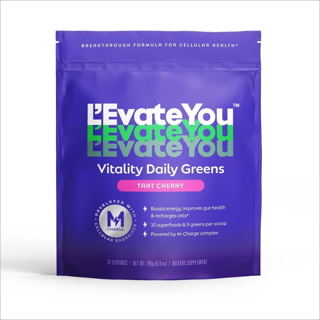 L'Evate You Vitality Daily Greens Powder (28 Services) 30 Superfoods, 9 Greens - for a Cellular Energy Boost, Powered by M-Charge Complex for All Day Energy (Tart Cherry)