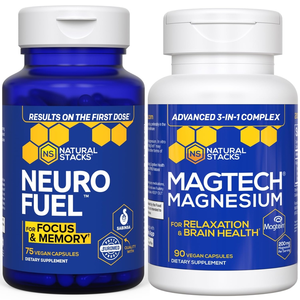 ΦΥΣΙΚΑ ΣΤΑΚΙΑ MagTech Magnesium + NeuroFuel Nootropic Bundle - Υποστηρίζει χαλάρωση, Εστίαση & Εγκεφαλική Υγεία* - 165 Σύνολο Καψών