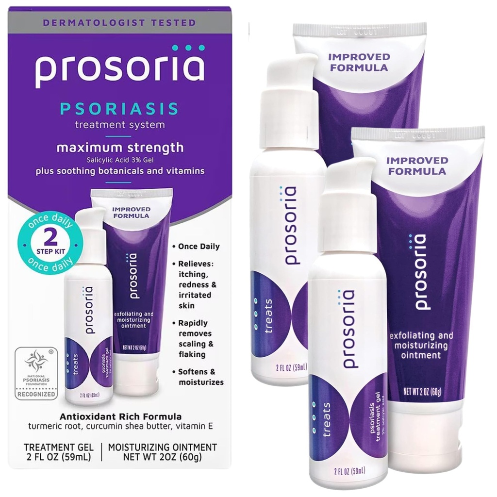 Prosoria Treatment System Double Kit – 2oz | Powerful Psoriasis Relief with Salicylic Acid, Turmeric, Shea Butter & Vitamins | Gel & Ointment for Scaling, Flaking, Dryness, Itching & Redness Relief