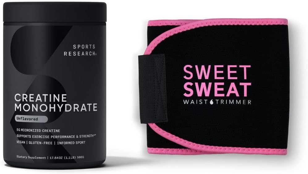Sports Research Creatine Monohydrate and Sweet Sweat Waist Trimmer - Black/Pink (Large)