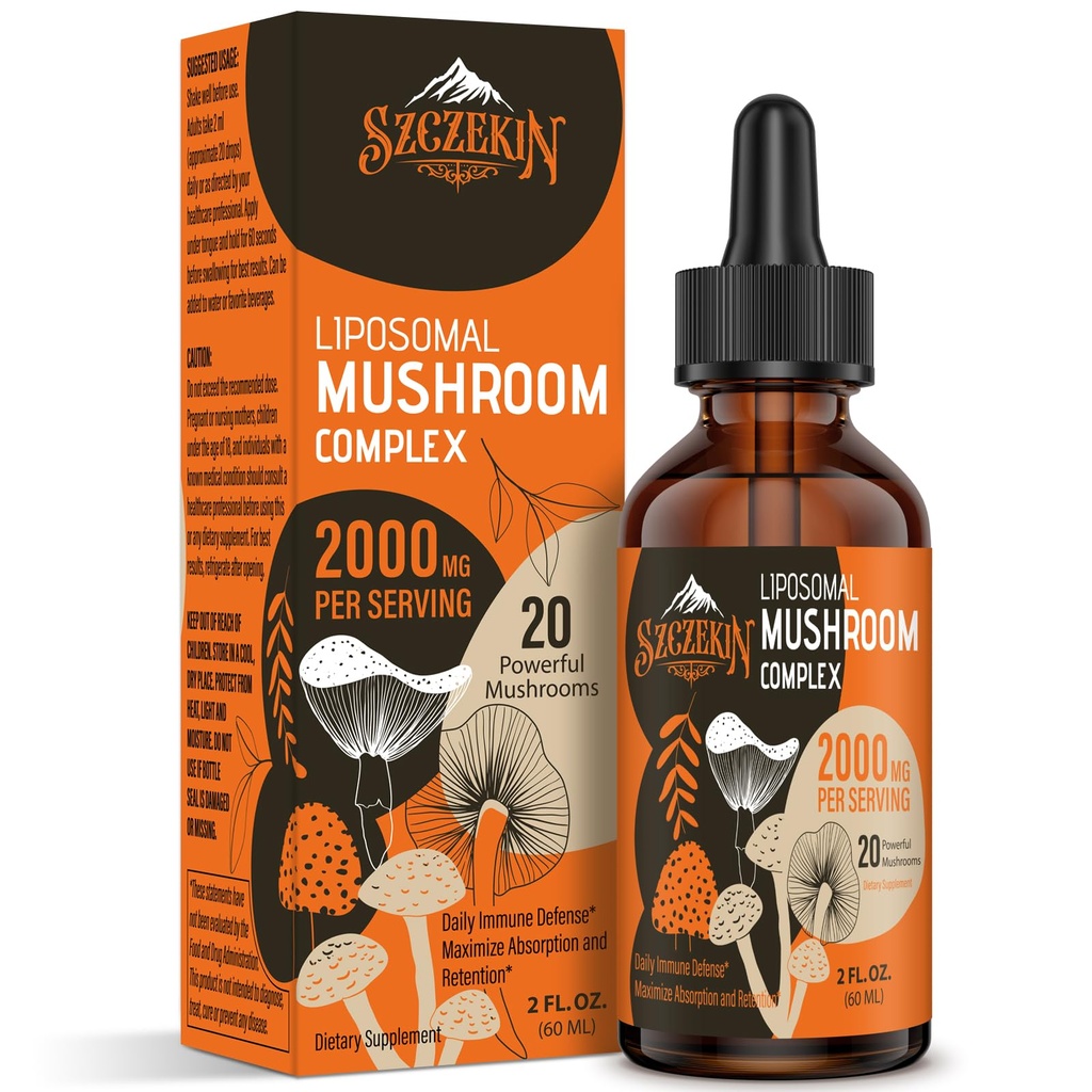 Liposomal Mushroom Complex Drops 2000 MG - 20 Organic Mushroom Extracts - Advanced Liquid Formula for Immunity, Cognitive and Memory - Lions Mane Supplement, Reishi, Cordyceps, Chaga, 30 Services