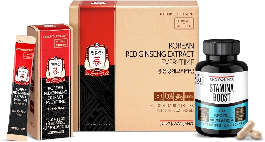 JUNG KWAN JANG Korean Red Panax Ginseng Energy Bundle - Extract Everytime 3000mg Sticks (30 Count) & Ανδρική Stamina Boost for Daily Vitality (60 Κάψουλες)