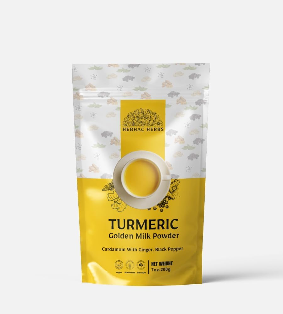Turmeric Golden Milk Powder - 200g, Blend of Turmeric, Black Pepper, Ginger, Cardamom, and Cane Sugar By Hebhac Herbals
