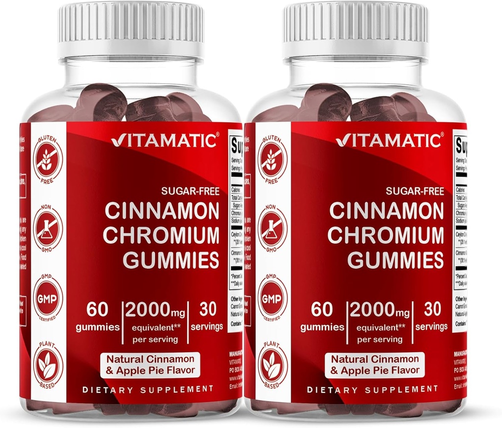 Vitamatic Gummies χωρίς ζάχαρη με Ceylon Cinnamon – 2000 mg Ισοδύναμο ανά υπηρεσία (από το εκχύλισμα 83 mg) – Μη ΓΤΟ, Χωρίς γλουτένη – 60 Vegan Gummies – 2 Pack