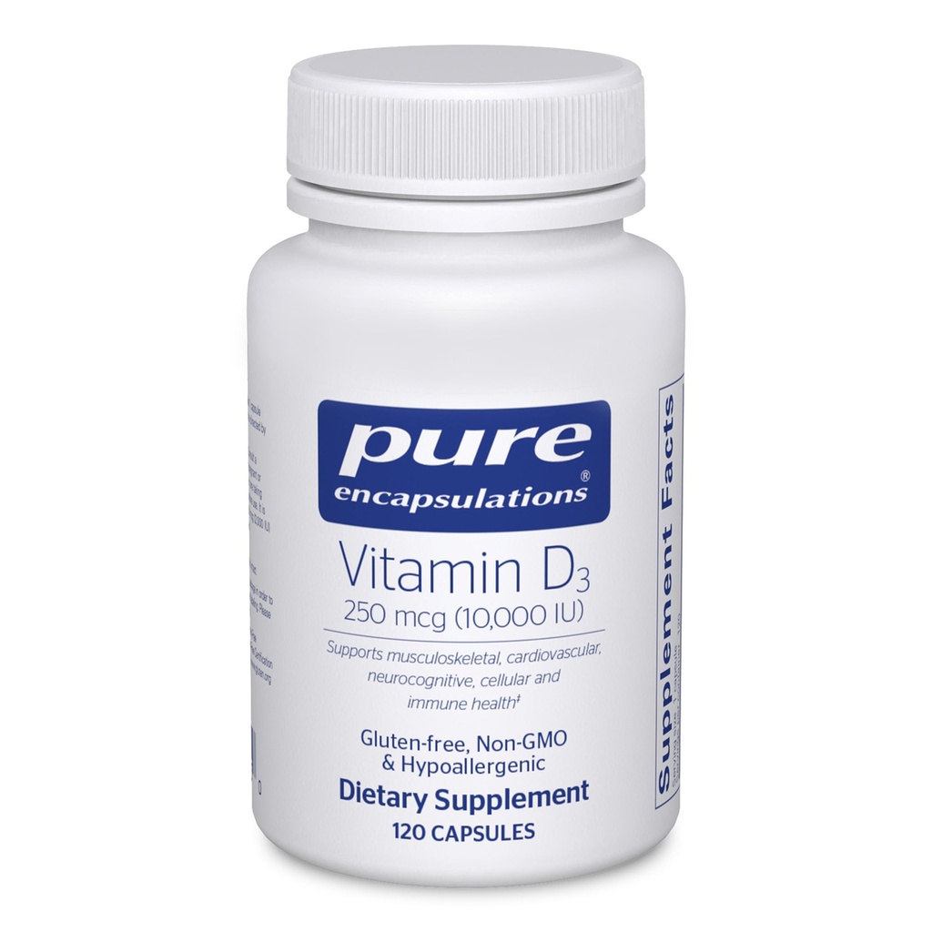 Pure Encapsulations Βιταμίνη D3 250 mcg (10.000 IU) - Συμπλήρωμα για την υποστήριξη των οστών, των αρθρώσεων, του μαστού, της καρδιάς, του παχέος εντέρου και του ανοσοποιητικού - με Premium βιταμίνη D - 120 κάψουλες