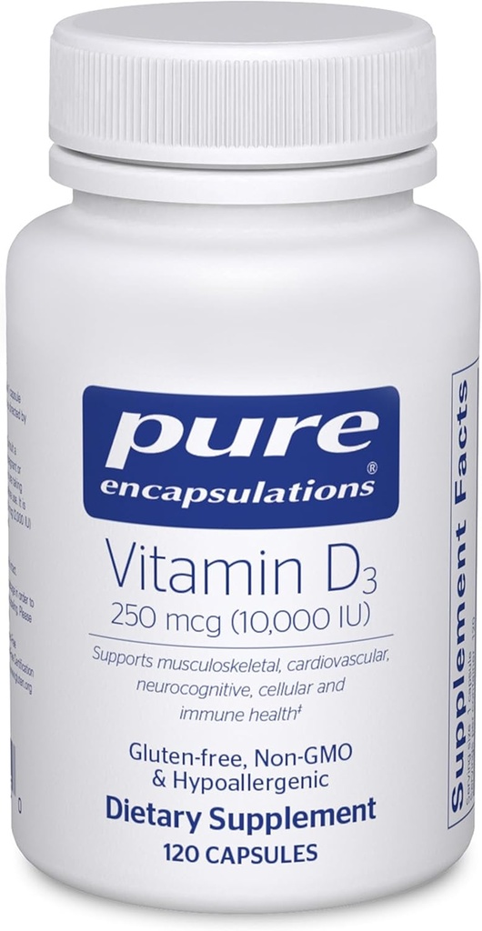 Pure Encapsulations Βιταμίνη D3 250 mcg (10.000 IU) - Συμπλήρωμα για την υποστήριξη των οστών, των αρθρώσεων, του μαστού, της καρδιάς, του παχέος εντέρου και του ανοσοποιητικού - με Premium βιταμίνη D - 120 κάψουλες