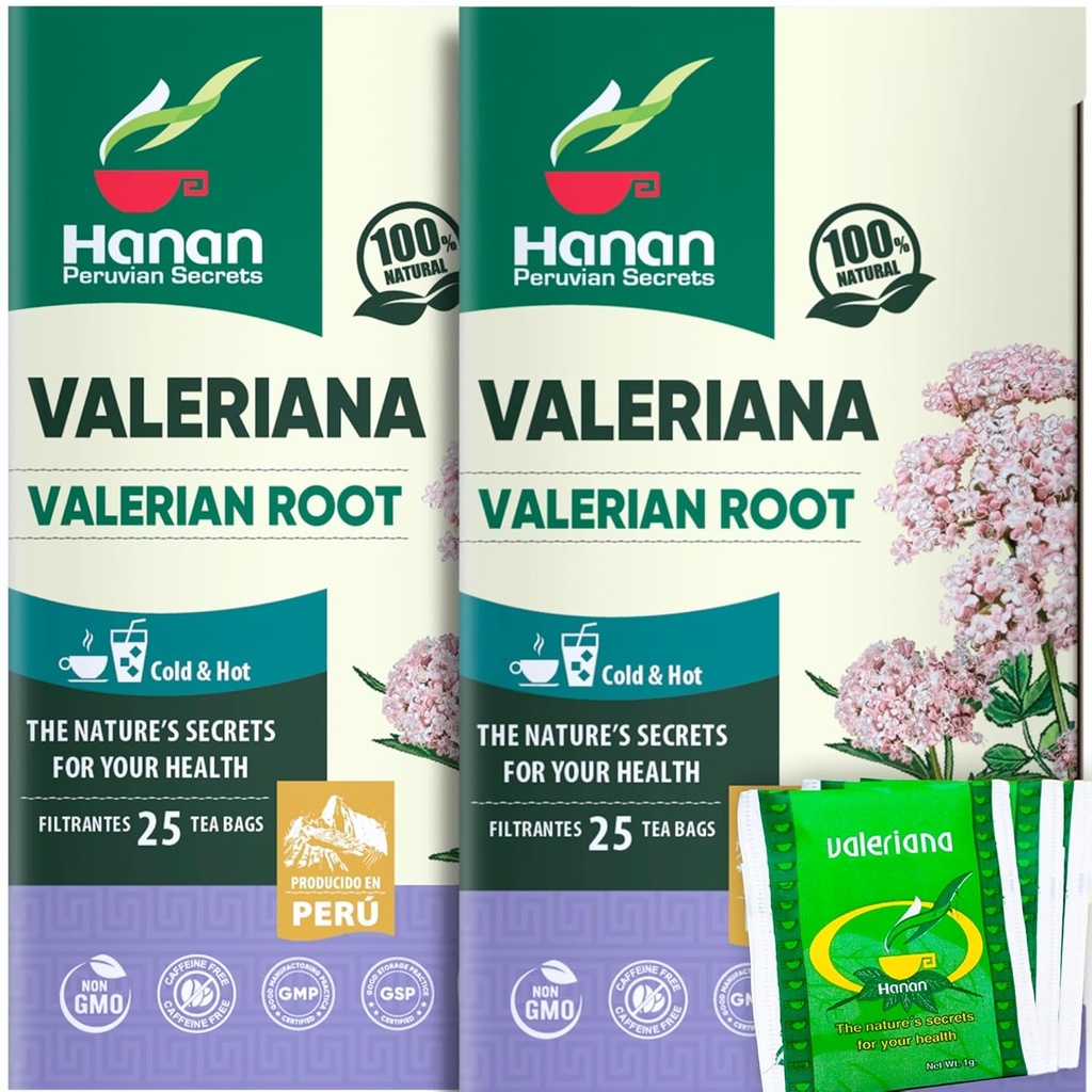 Hanan Valerian Root Tea for Bedtime (50 Bags) - Te de Valeriana, Herbal Calming Night Tea - 100% καθαρό, χωρίς καφεΐνη, μη GMO, Herb από το Περού - Συσκευασία των 2 Κουτιά