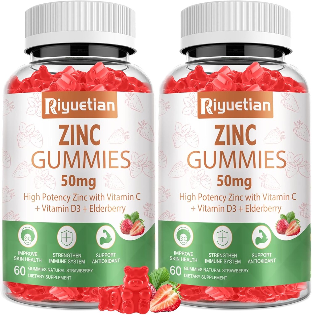 Zinc Gummies 50mg - Βιταμίνη C, D3 & Elderberry, Echinacea, Ψευδάργυρος Ανοσοποιητική Υγεία Gummies, μη-GMO, φυσικά αντιοξειδωτικά συμπληρώματα για άνδρες & γυναίκες, Vegan 2 Pack