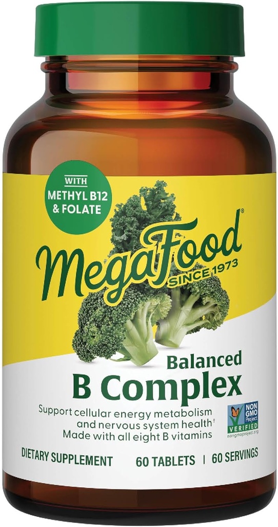 MegaFood Balanced B Complex - B Complex Vitamin Supplement - 8 Β Βιταμίνες συμπεριλαμβανομένης της βιταμίνης Β6, Βιταμίνη Β12, Φολικό, Βιοτίνη & Περισσότερα - Υποστηρίζει Κυτταρική Παραγωγή Ενέργειας - Vegan, Χωρίς Γλουτένη - 60 Tabs