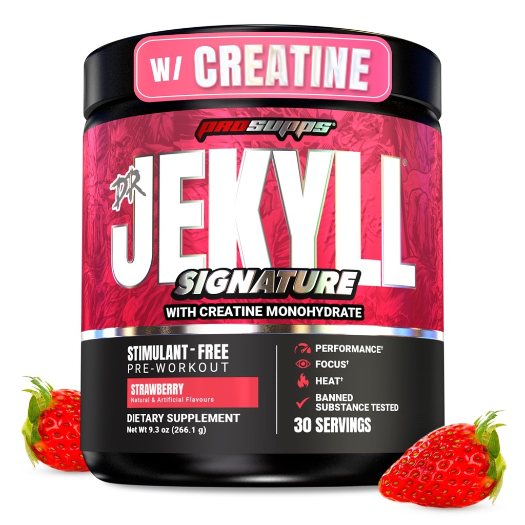 ProSupps Dr. Jekyll Signature Pre Workout Powder with Creatine - Stim-Free Preworkout Υποστηρίζει Focus & Endurance - Caffeine-Free Γυμναστήριο & Fitness Συμπληρώματα (Strawberry, 30 Services)